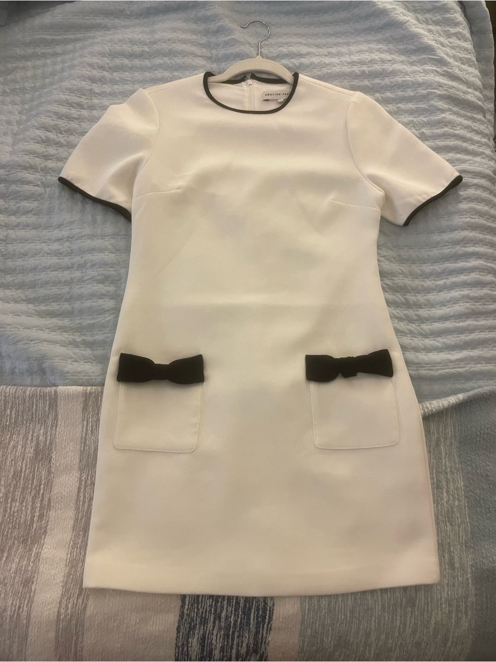 English Factory Short Sleeve White Shift Dress with Black Trim and Bow Pockets